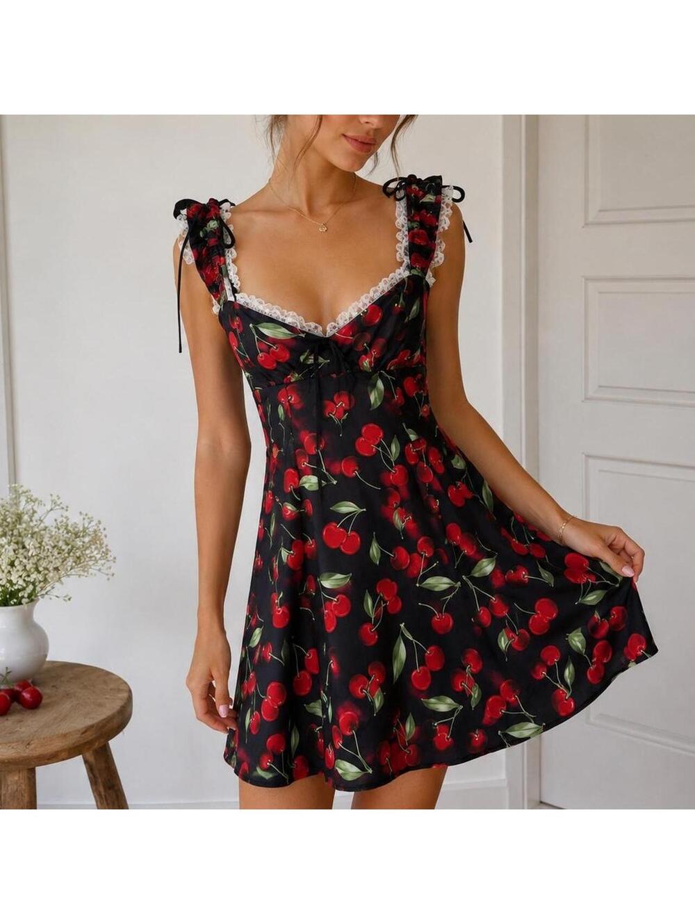 For Love & Lemons Black Cherry Print Slip Dress